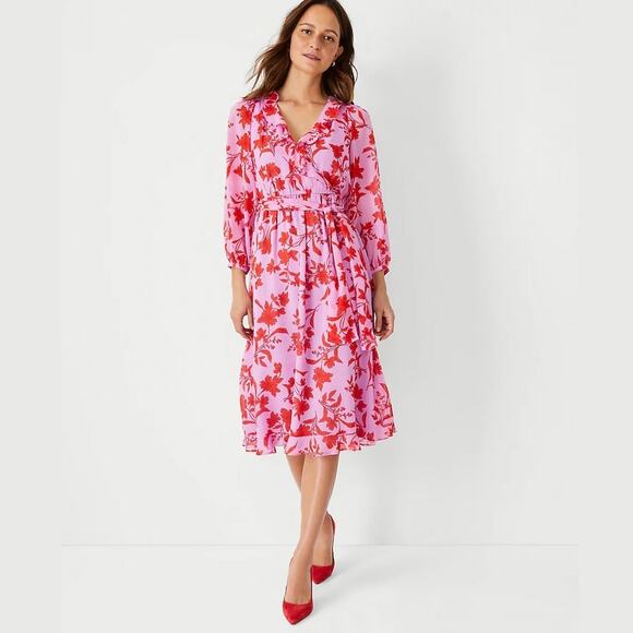 Ann Taylor Pink Floral Ruffle Faux Wrap Midi Dress Size 6 - Picture 11 of 11